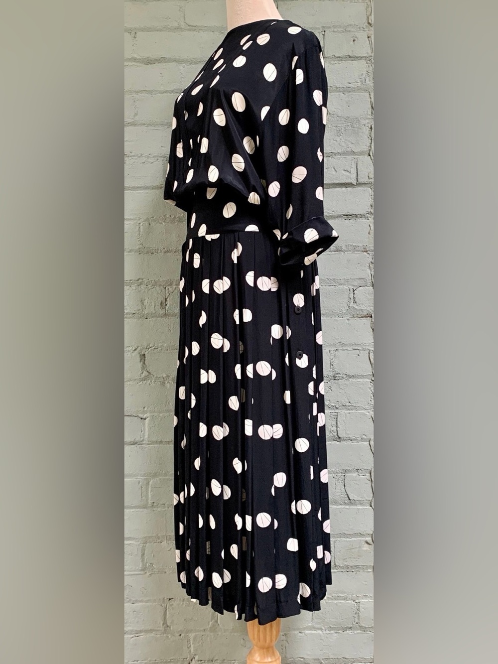Vintage Black Pleated Midi Dress with Polka Dot Print